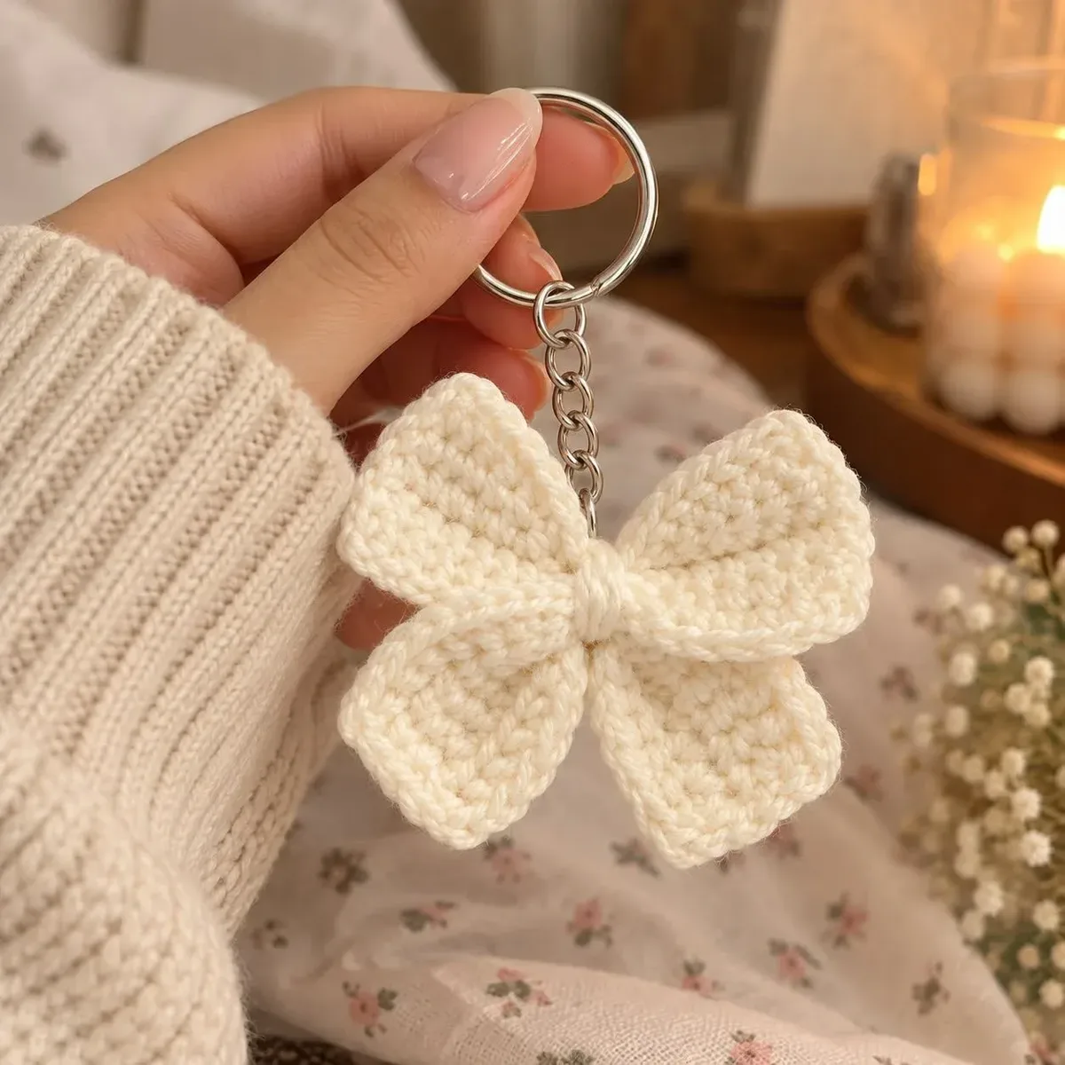 Crochet Bow Keychain — White — photo 1