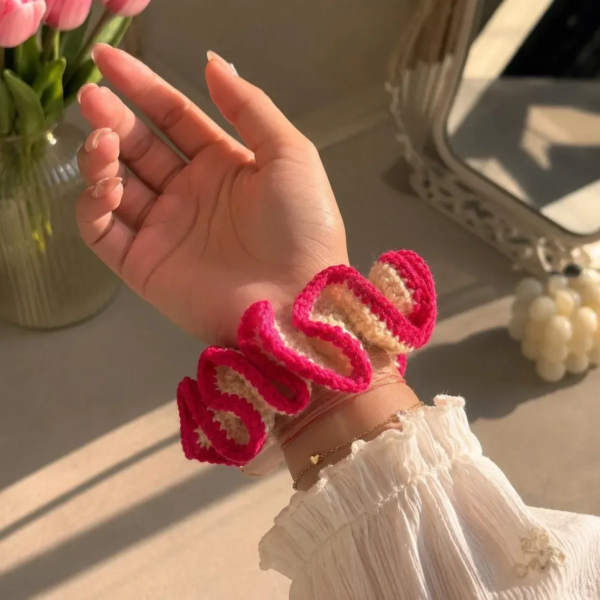 Crochet Flower Hair Tie — Cream & Yellow — photo 1